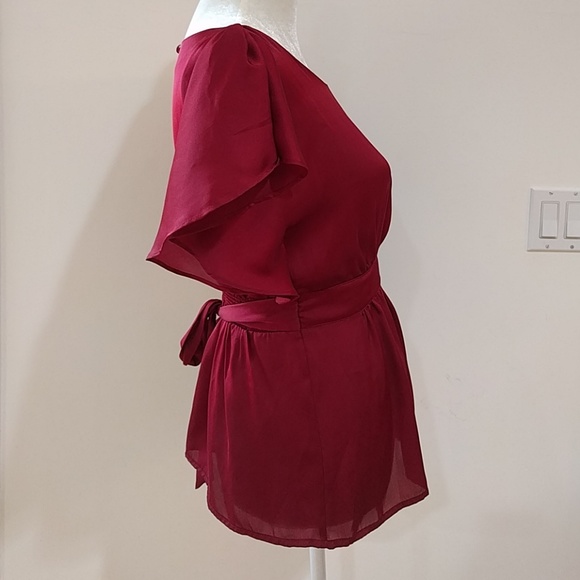 RARE - Red Shiny Flutter Sleeve Tie + Elastic Waist Top - Picture 2 of 6